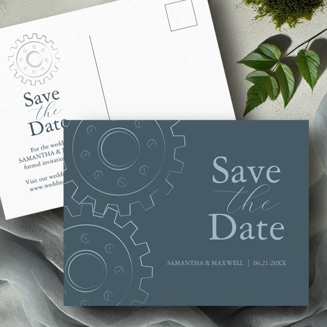 Industriell Chic Bröllop spara datum Vykort (Industrial chic wedding save the date invitations grey with gears in line art Victoria Grigaliunas)