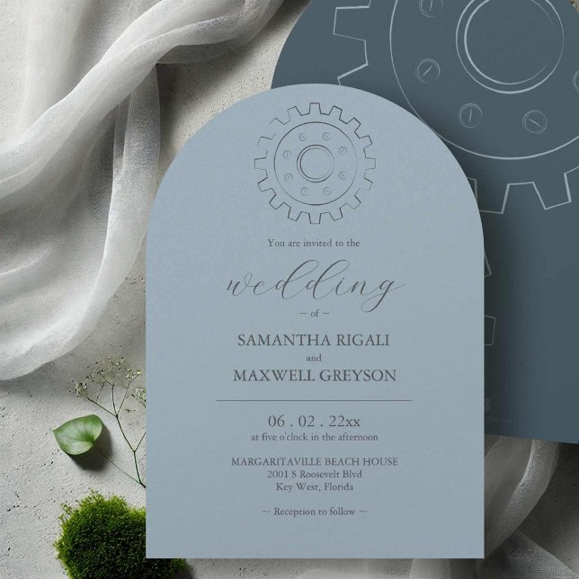 Industriell Chic Stjäl Blå Bröllopsinbjudningar Inbjudningar (Industrial chic wedding invitations gear line art by Victoria Grigaliunas of Do Tell A Belle)