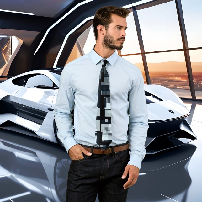 Industriell grafik, damm, svart, ruta slips (An industrial graphic design tie in dusty blue and black colors.)