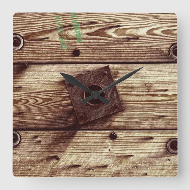 Industriell Rustik Trä Ränder Fyrkantig Klocka (Framsida)