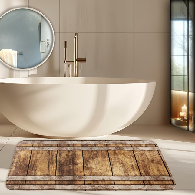 Industriell Rustik Trä Vin Fat Badrumsmatta (Industrial wine barrel design bath mat with weathered wood and rustic metal)