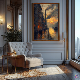 Industriellt stadspanorama vid solnedgång i impres poster
