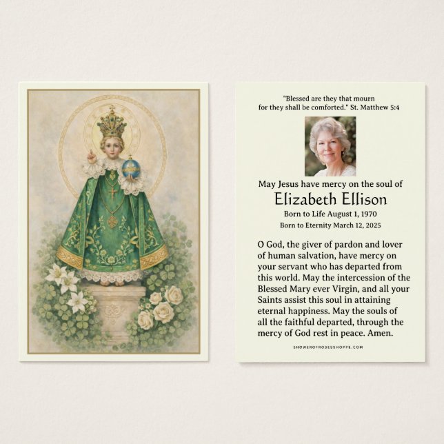 Infant of Prague Shamrocks Irish Funeral Prayer Visitkort (Framsida & baksida)
