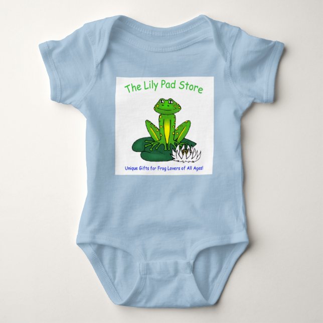 Infant's Frog on a Lily Pad Blue on White Bodysuit T Shirt (Framsida)