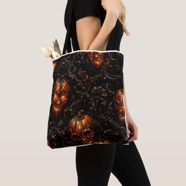 Infernal Vine Pumpkin Skull Halloween Tote Bag Tygkasse (Närbild)