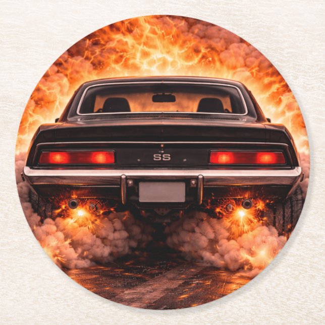 Inferno Burnout Muscle Car Underlägg Papper Rund (Framsidan)