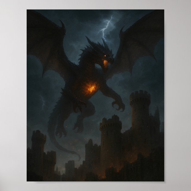 Inferno Drakon Över Mörkt Slott Poster (Framsidan)