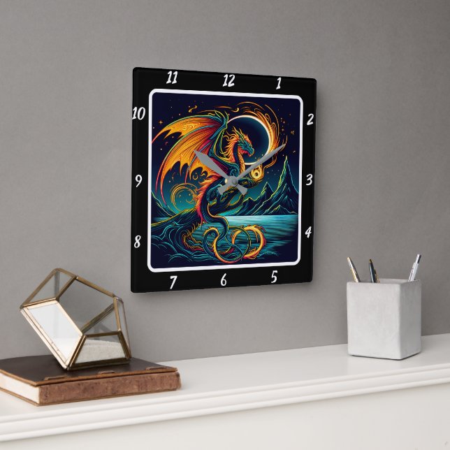 Inferno Neon Dragon Blaze Fyrkantig Klocka (Kontor)