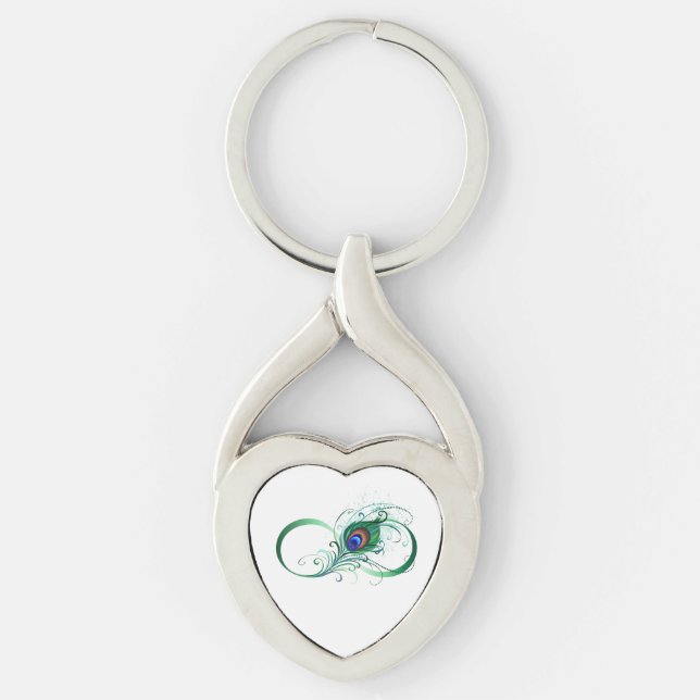 Infinity Symbol with Peacock Feather Twisted Heart Silverfärgad Nyckelring (Framsidan)