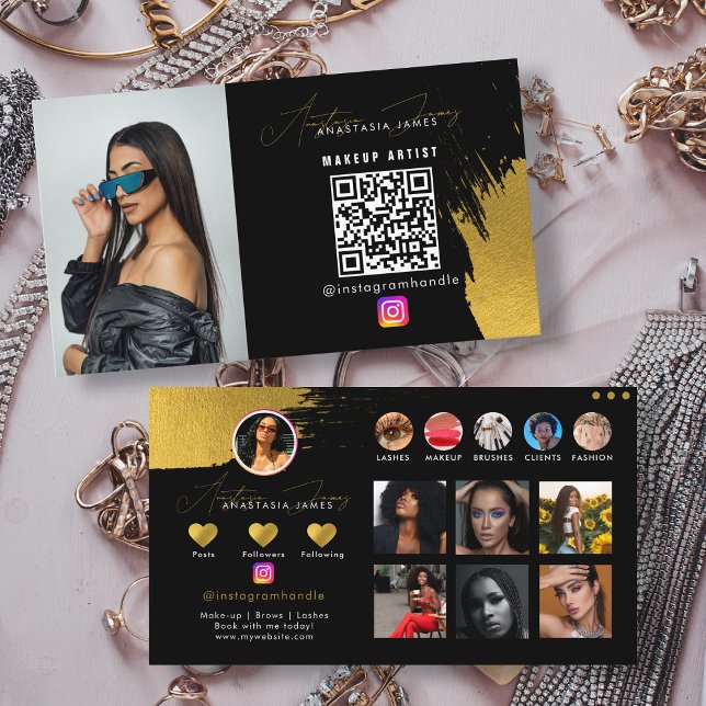 Influencer Black & Guld Social Media QR-kod Visitkort (Influencer Black & Gold Social Media QR Code Business Card)