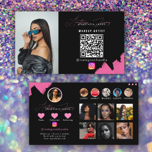 Influencer Black & Rosa Social Media QR-kod Visitkort