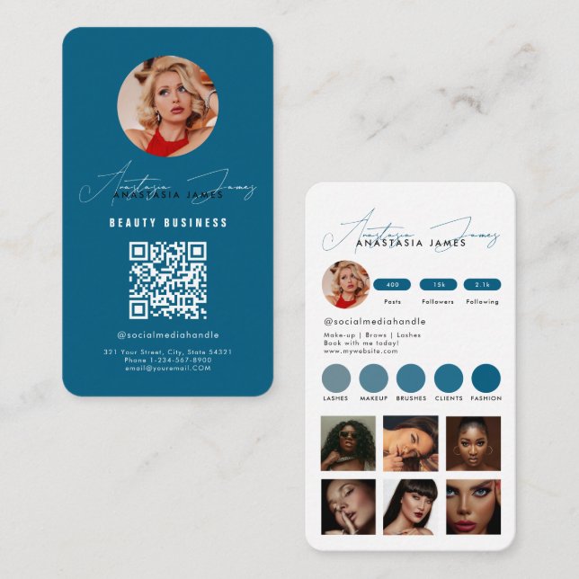 Influencer Matar Grid Social Media QR-kodblått Visitkort (Fram/baksida)