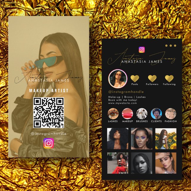 Influencer Photo Mata Social Media QR-kod Guld Visitkort (Influencer Photo Feed Social Media QR Code Gold Business Card)
