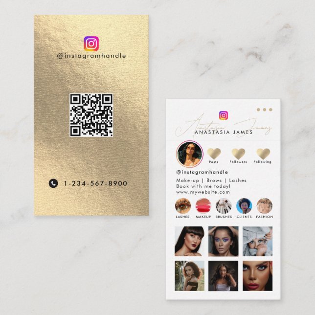 Influencer Photo Mata Social Media QR-kod Guld Visitkort (Fram/baksida)