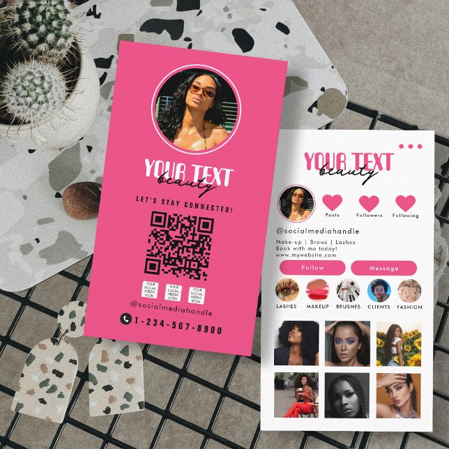 Influencer Photo Social Media QR Code Shock rosa Visitkort (Influencer Photo Social Media QR Code Hot Pink Business Card)