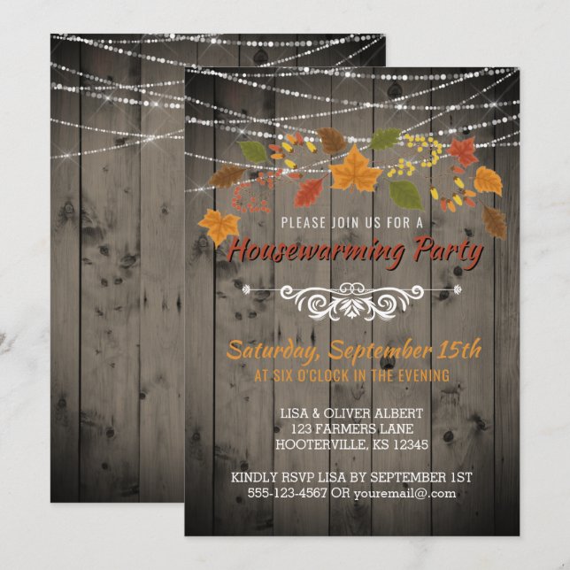 Inflyttningsfest Rustika trästrängljus Inbjudningar (Fram/baksida)