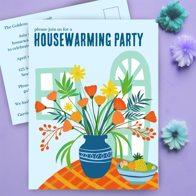 INFlyttningsfirande Blomsterbukett Ny Hemadress Sö Vykort (HOUSEWARMING Floral Vase Bouquet New Home Address Cute Party Invitation Postcard
)