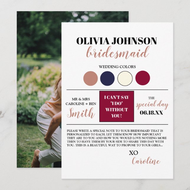 Info Card Frieri i Photo Bridesmaid Inbjudningar (Fram/baksida)