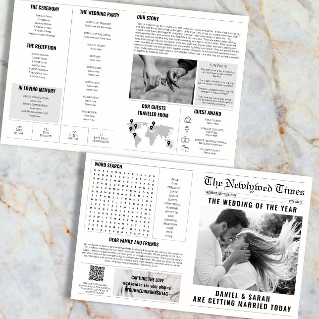 Info för Bröllopsprogram i klassiskt nyhetsblad Kort (Newspaper Wedding Program Info Photos)