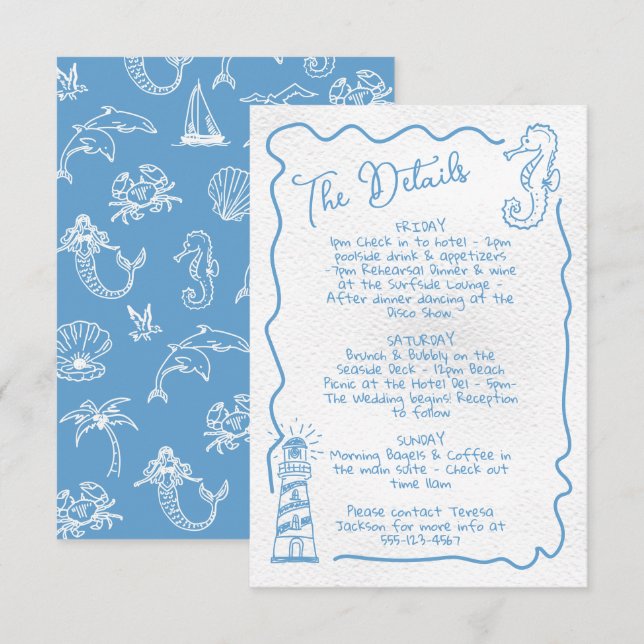 Info-kort för aktuell kustinformation i hand plock inbjudningar (Fram/baksida)