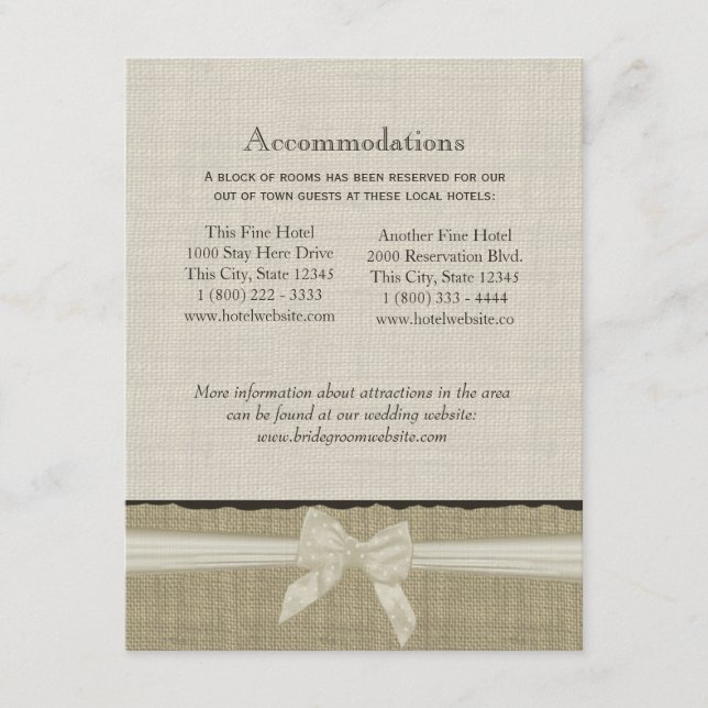Info-kort för Rustic Burlap och Bow Direction Tilläggskort (Framsida)