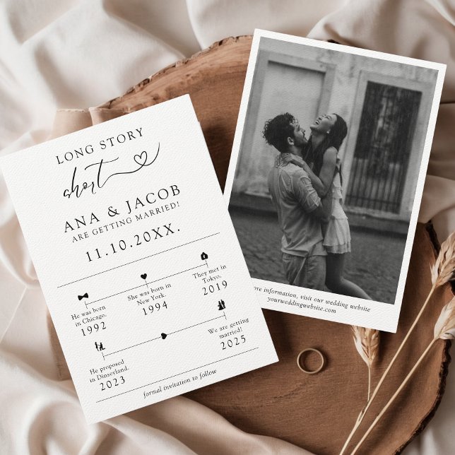 Info om tidslinjen Långt artikelförhållande Kort (Long Story Short Minimalist Relationship Timeline Infographic Save the Date with Photo Elegant)