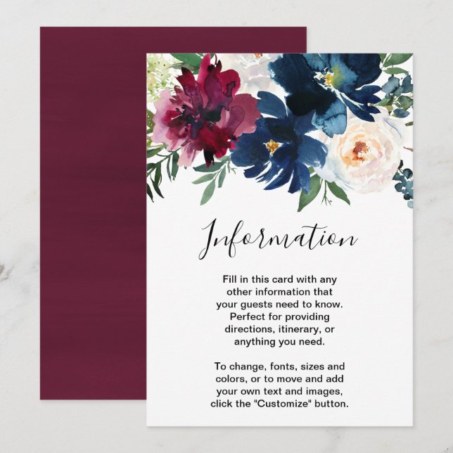 Info om vattenfärg Burgundy Navy Flowers Bröllop Inbjudningar (Fram/baksida)
