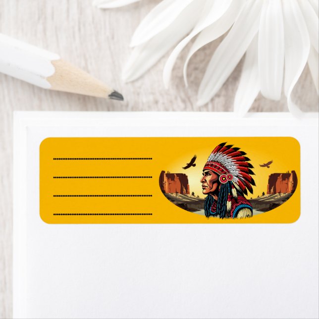 Infödd amerikansk chef på vilden Ligcape Sunset Returadress Etikett (Insitu)