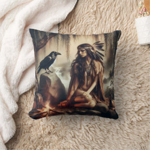 Infödd amerikansk kvinna Sitta vid floden Raven Kudde