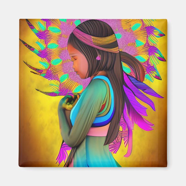 Infödd amerikansk liten flicka AI-konst Magnet (Framsidan)