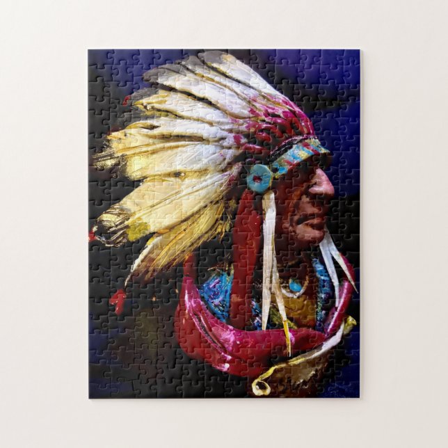 Infödd "Hunkpapa Chief" sällsynt original konst Pu Pussel (Vertikal)
