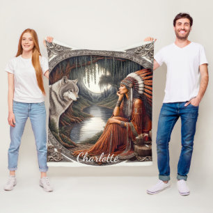 Infödd kvinna med en varg vid floden fleecefilt