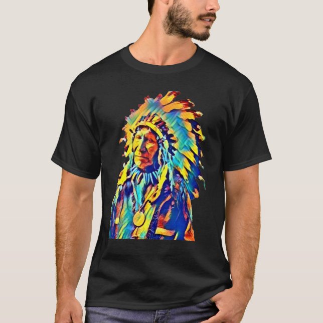 Inföding Amerikansk Indianhövding Röd Moln Färgrik T Shirt (Framsida)