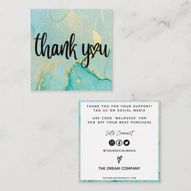 Infoga blått vattenfärgsmedia i Guld Abstrakt Fyrkantigt Visitkort (Fram/baksida)