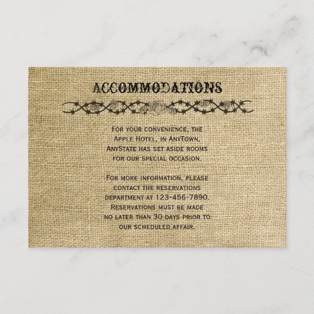 Infoga western Burlap Bröllop Tilläggskort (Framsida)