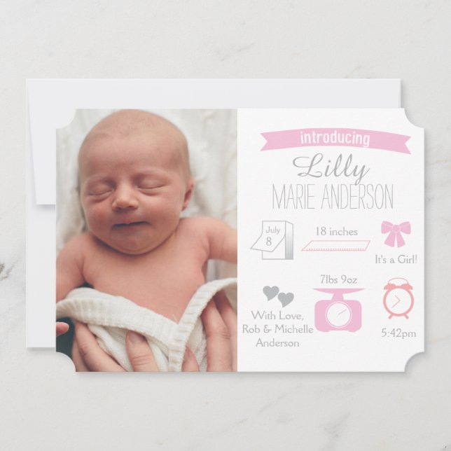 Infografiskt födelsemeddelande - flicka meddelande (Framsida)