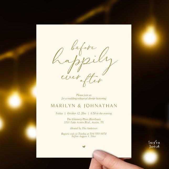Inför Lyckligt Slut, Romantisk Generalrepetition Inbjudningar (Before Happily Ever After, Modern Romantic Rehearsal Dinner Invitation Card in Yellow Gold Cream)