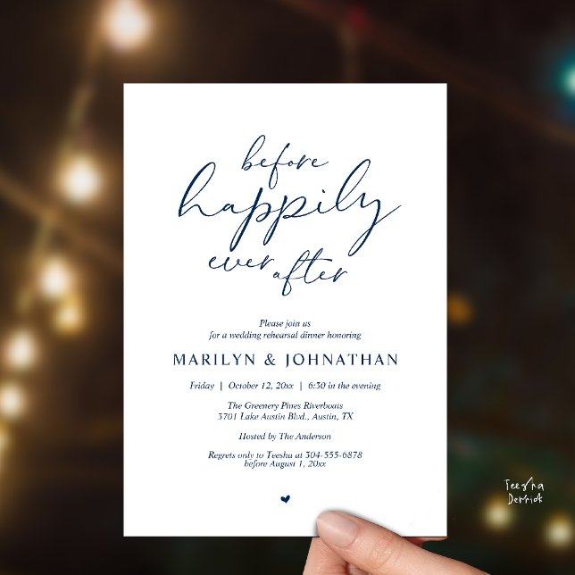 Inför Lyckligt Slut, Romantisk repetition Inbjudningar (Before Happily Ever After, Modern Romantic Rehearsal Dinner Invitation Card in Navy Blue)