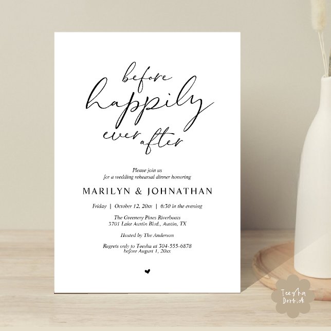 Inför Lyckligt Slut, Romantisk repetition Inbjudningar (Before Happily Ever After, Modern Romantic Rehearsal Dinner Invitation Card in Black White)