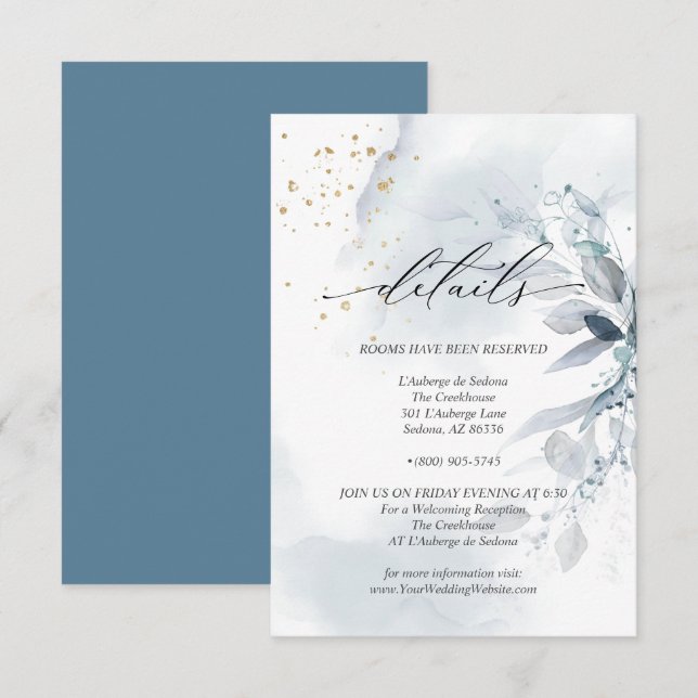 Information 3 Elegant Dusty Blue Watercolor Foliag Inbjudningar (Fram/baksida)