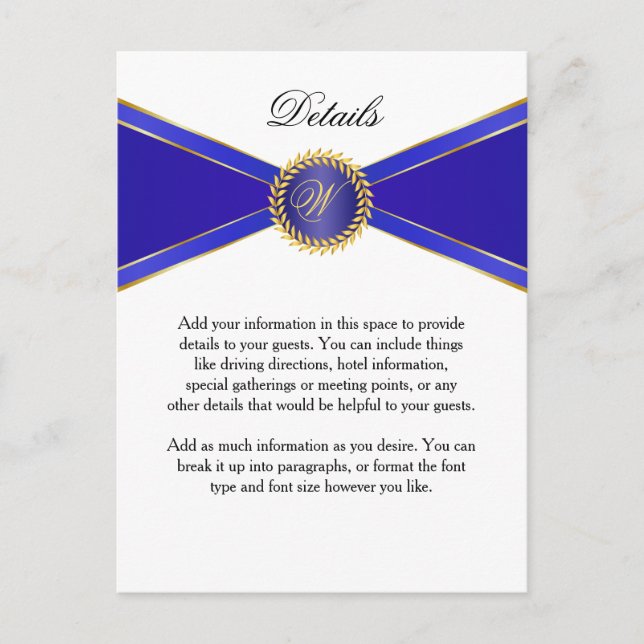 Information Card Royal Blue Elegance med Monogram Vykort (Framsida)