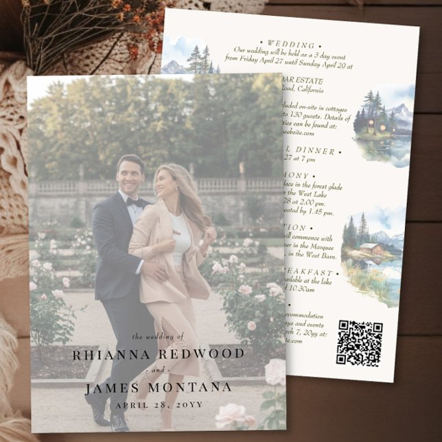 Information och foto om destinationsbröllop och fo inbjudningar (Details qr code & photo wedding invitation from the Country Lake wedding collection by Darling & May)