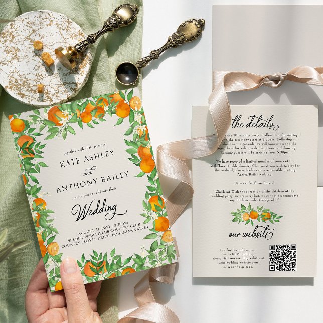 Information och webbplats om Citrus Bröllop Blomma Inbjudningar (Wedding Invitation with Details from the Orange Blossom Wedding Collection by Darling & May)