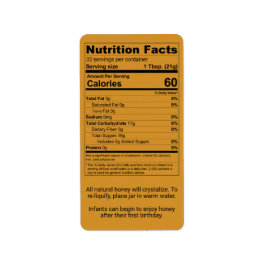 Information om amber Honung Nutrition Facts Adressetikett
