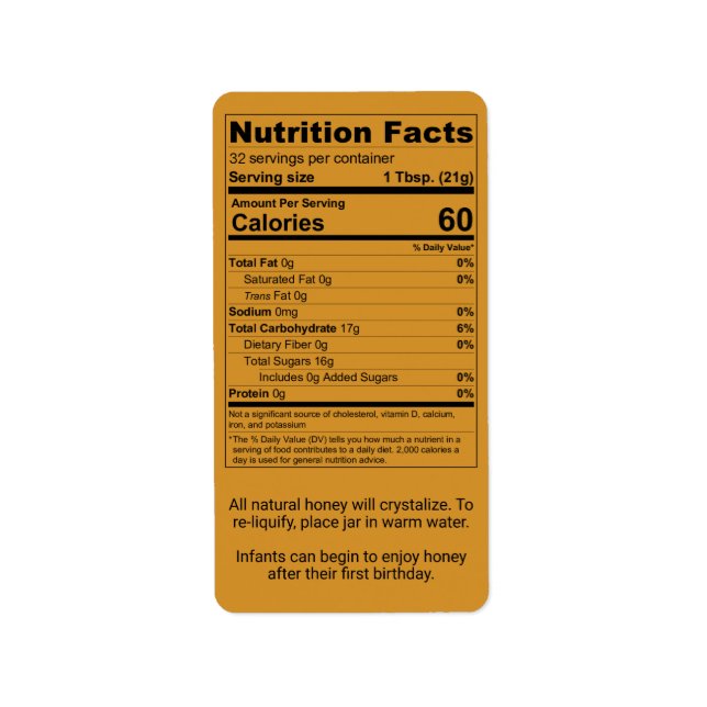 Information om amber Honung Nutrition Facts Adressetikett (Framsidan)