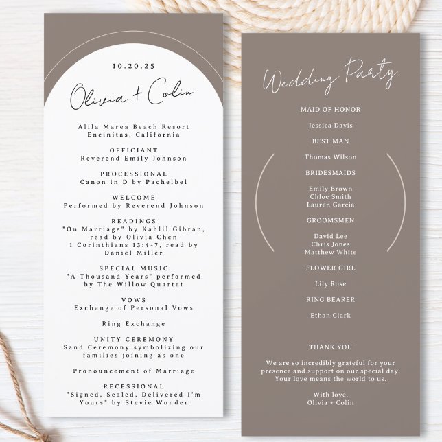 Information om Anpassningsbarna för Arched Bröllop (Arched Wedding Program Custom Ceremony Details Taupe Order of Service Personalized Keepsake Elegant)