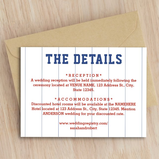 Information om Baseball Streck Bröllop Tilläggskort (Baseball Pinstripe Wedding Details Enclosure Card)
