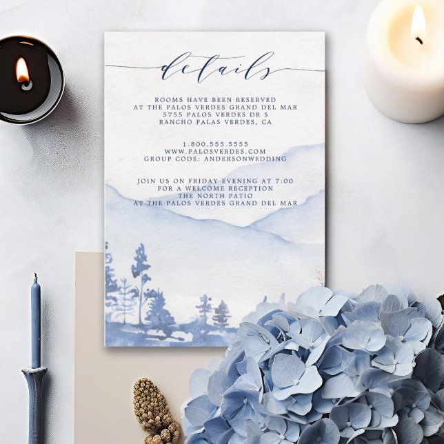 Information om bergsrustig blått vattenfärg Bröllo Tilläggskort (Rustic mountain wedding with our charming Blue Watercolor Wedding Details Enclosure Card.)