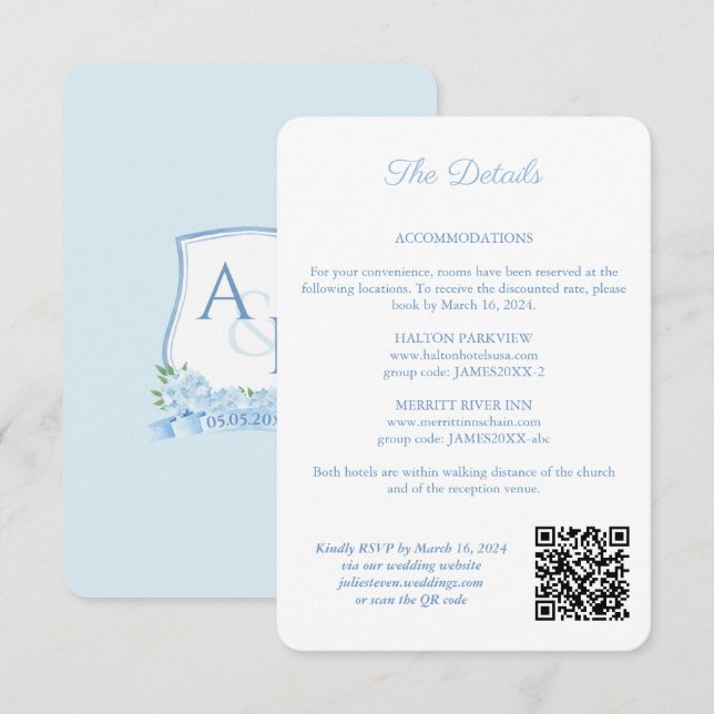 Information om blå och vit monogram QR-kod Bröllop Tilläggskort (Fram/baksida)