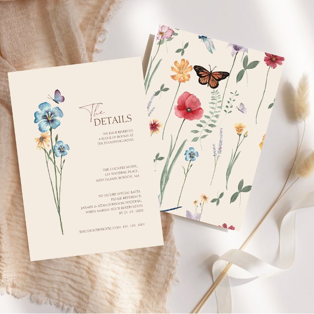 Information om Blåblommans fjäril Bröllop Tilläggskort (Simple Blue Wildflower Butterfly Wedding Details Enclosure Card)